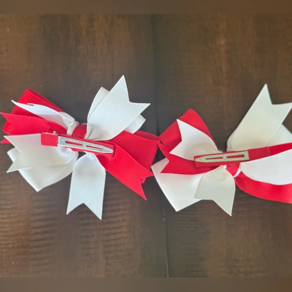 2 Red and White Hair Bows Barrettes